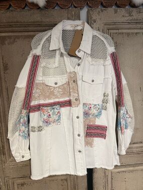 POL White Patchwork Jean Jacket with Multicolor Accents